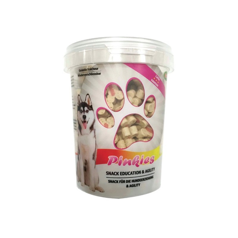 Seau de petites friandises pour chien os fourrés au saumon PINKIES