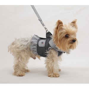 Doggy Dolly | Chien | Harnais veste rayé gris et noeud + laisse