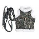 Doggy Dolly | Chien | Harnais veste noir fourrure + laisse : Taille:XL - Cou 42 cm. Dos 42 à 44 cm.