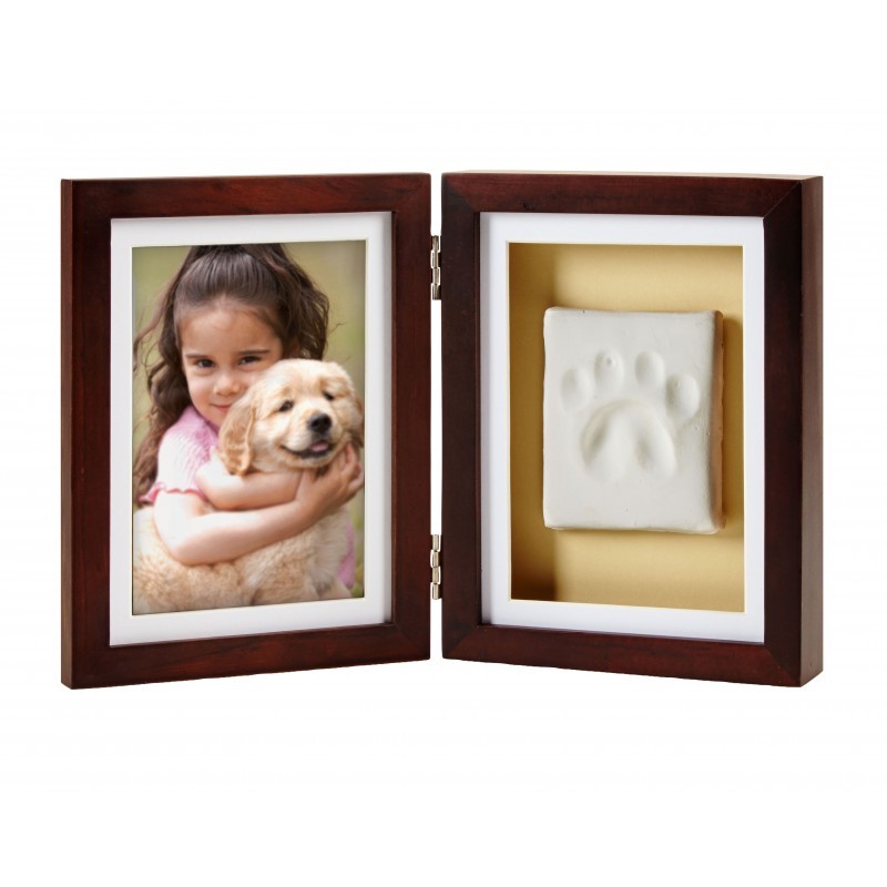 Double cadre photo & empreinte de patte en plâtre | Bois foncé