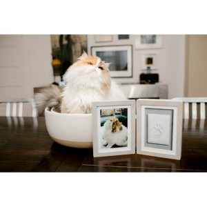 Double cadre photo & empreinte de patte en plâtre | Bois foncé