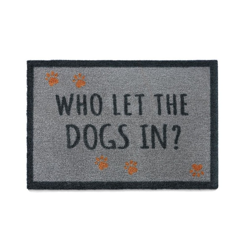 Tapis d’entrée décoratif pour la propreté de vos sols, Who Let The Dog In ? (Qui as laissé rentrer le chien ?)
