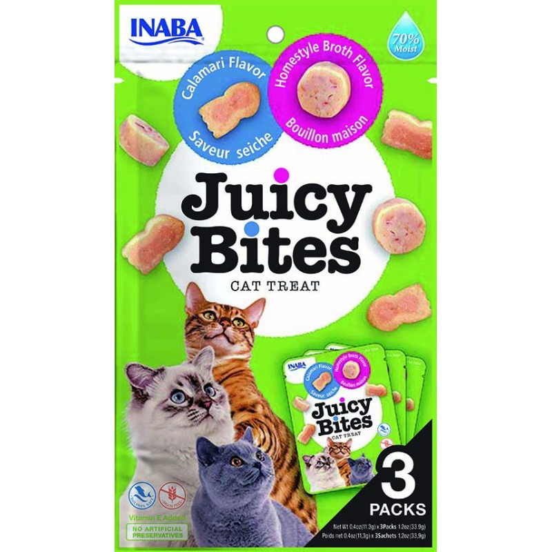 INABA Chat Juicy Bites – Bouillon & Calamar – Pack de 3 – 33,9 g