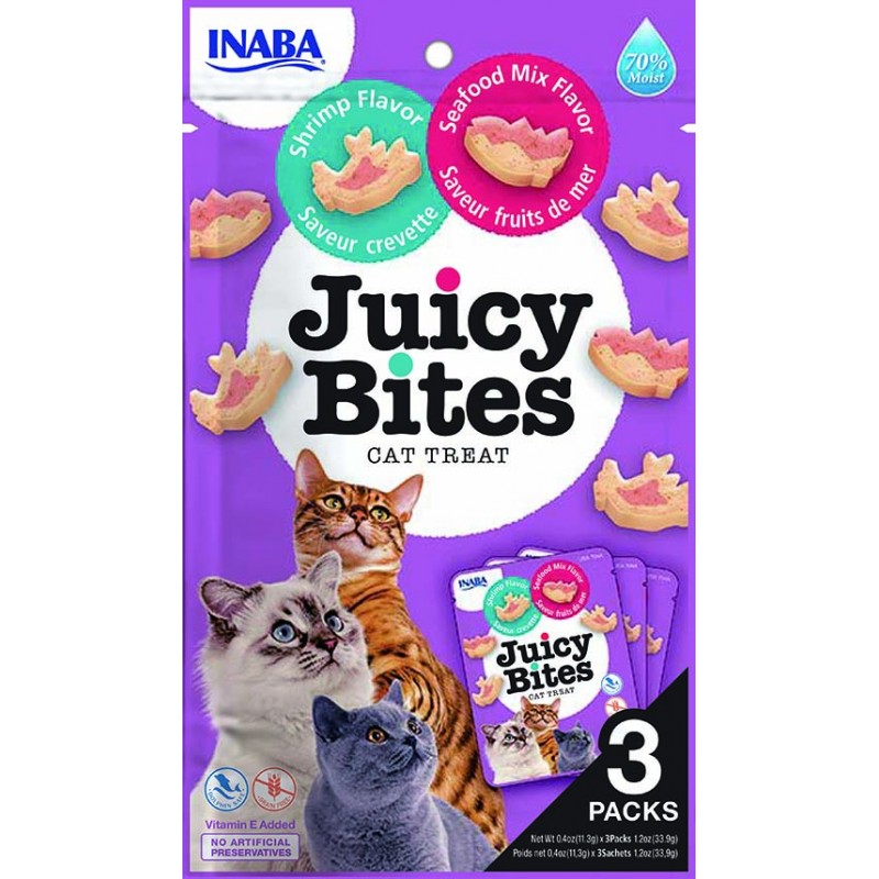 INABA Chat Juicy Bites – Crevette & Fruits de Mer – Pack de 3 – 33,9 g