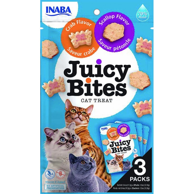 INABA Chat Juicy Bites – Saint-Jacques & Crabe – Pack de 3 – 33,9 g