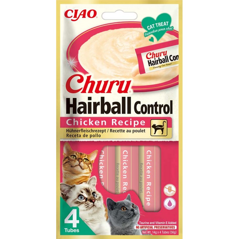 INABA Chat Churu Hairball Control – Poulet – Pack de 4 – 56 g