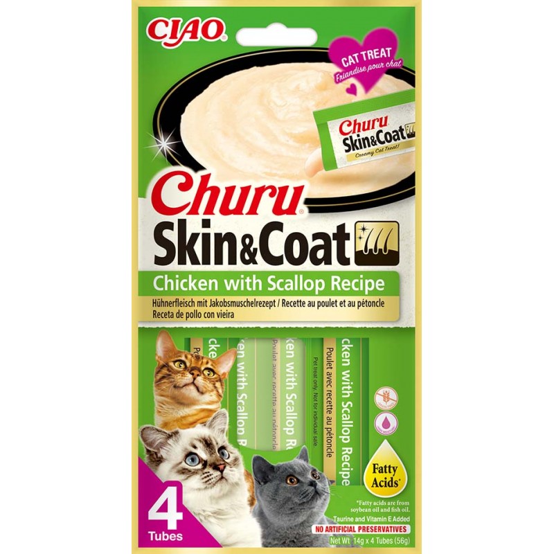INABA Chat Churu Skin & Coat – Poulet & Saint-Jacques – Pack de 4 – 56 g