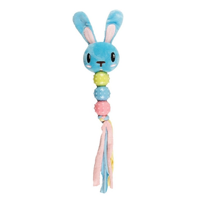 Peluche tête de lapin sonore avec bandes en tissu et perles | Jouet chiot et chaton