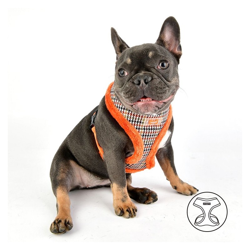 Harnais PUPPIA AUDEN motif pied de poule avec fourrure orange