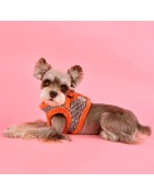 Harnais veste PUPPIA AUDEN motif pied de poule avec fourrure orange