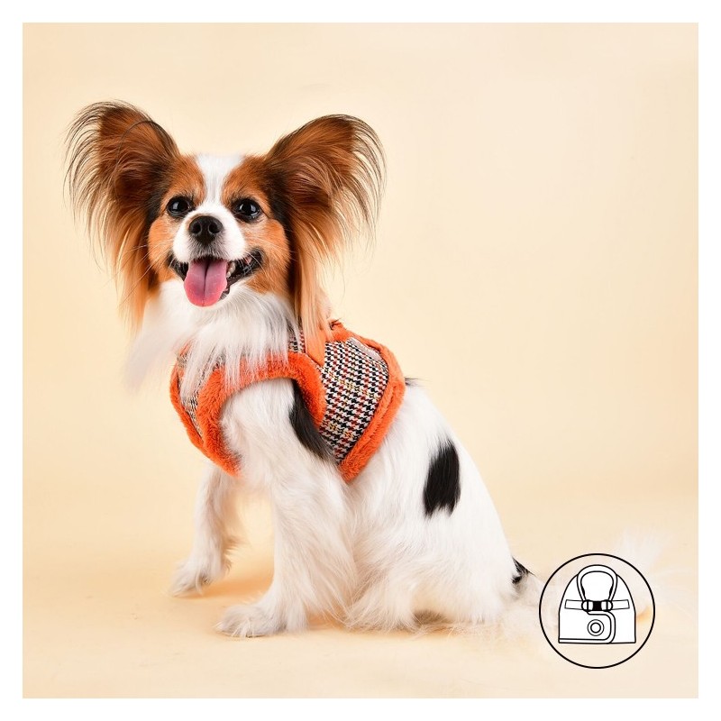 Harnais veste PUPPIA AUDEN motif pied de poule avec fourrure orange