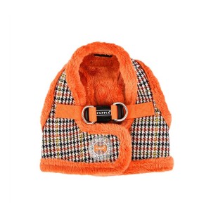 Harnais veste PUPPIA AUDEN motif pied de poule avec fourrure orange