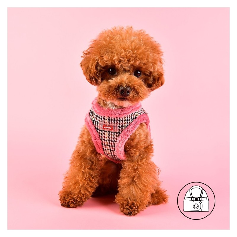 Harnais veste PUPPIA AUDEN motif pied de poule avec fourrure rose