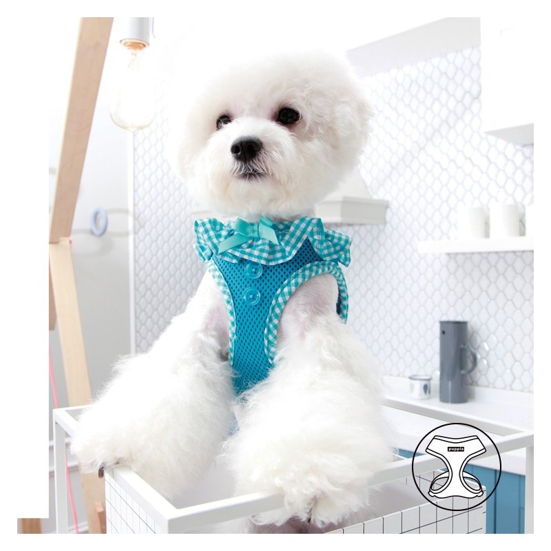 Harnais PUPPIA VIVIEN bleu avec volant vichy vintage et coloré