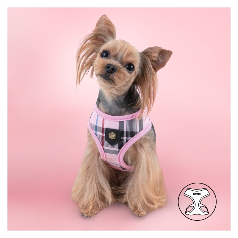 Harnais PUPPIA JUNIOR à carreaux rose style anglais