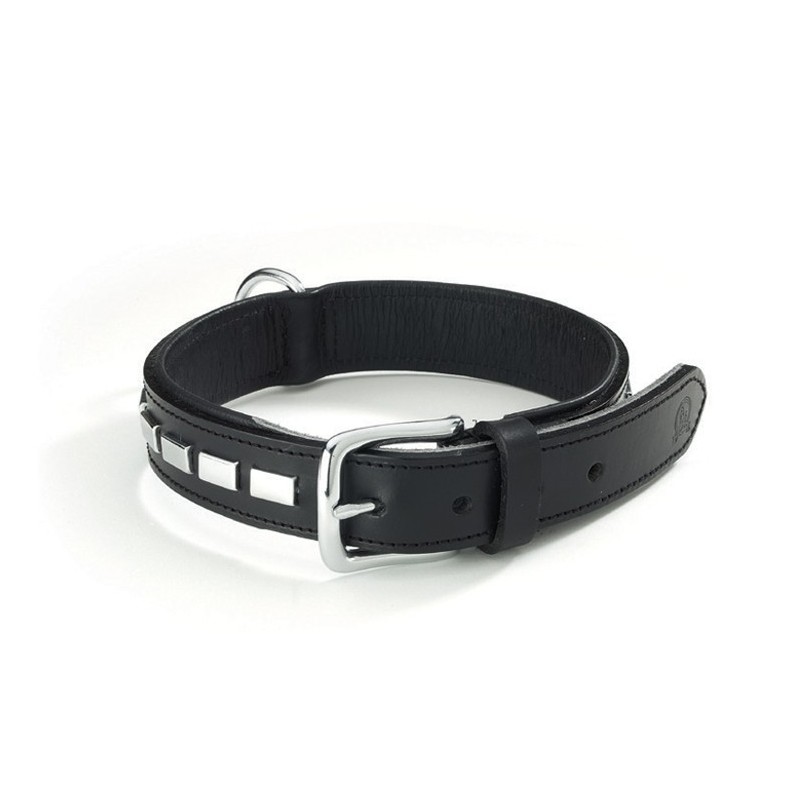 Collier en cuir doublé TEXAS avec plaques en métal rivetées pour chien | Noir