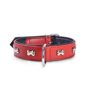 Collier spécial Bouledogue cuir et os chromé | BOBBY | Rouge