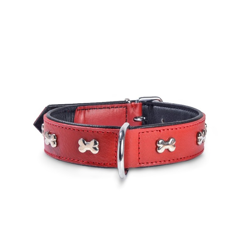 Collier spécial Bouledogue cuir et os chromé | BOBBY | Rouge
