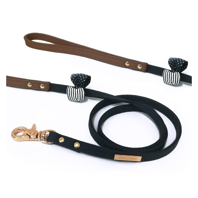 Laisse pour chien en cuir et noeud papillon bleu marine et blanc