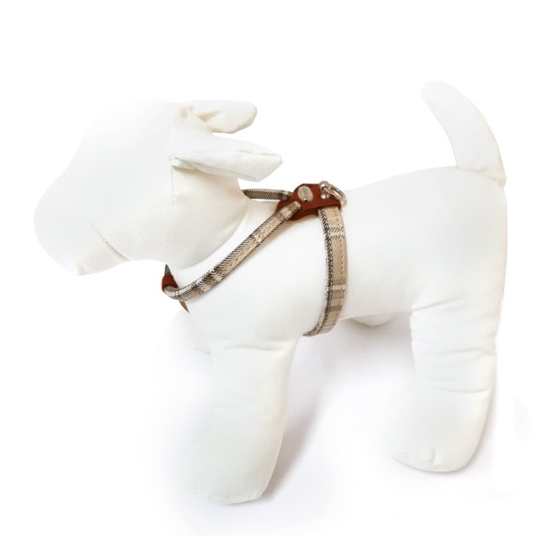 Harnais cuir de veau rond écossais beige pour chien