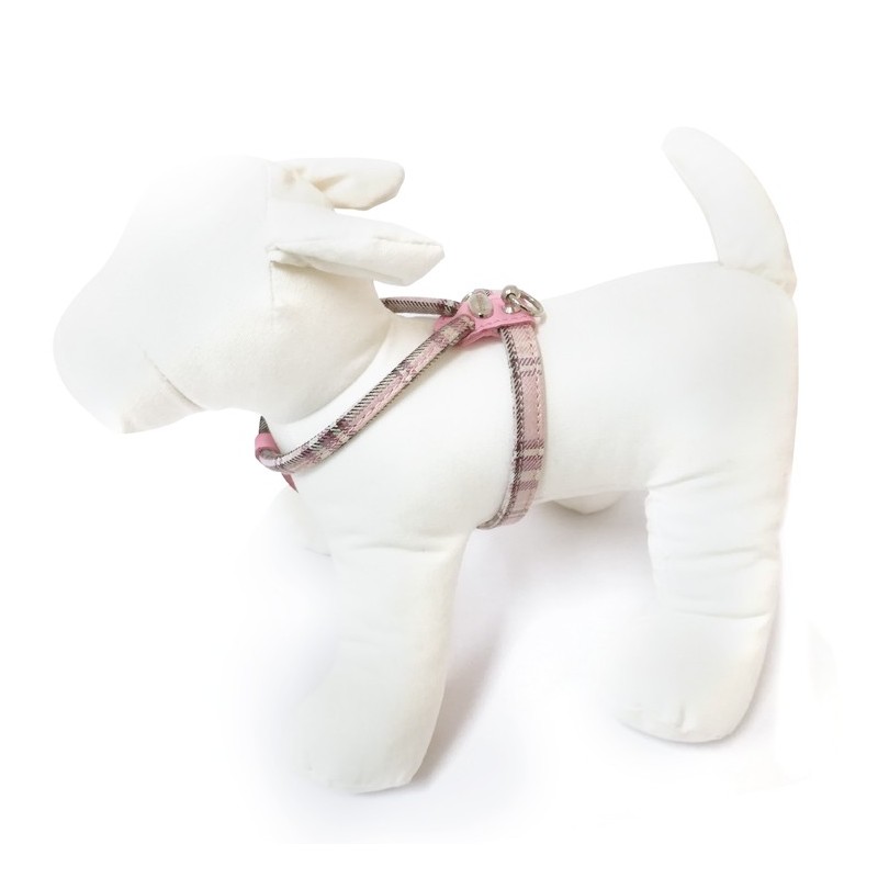 Harnais cuir de veau rond écossais rose pour chien