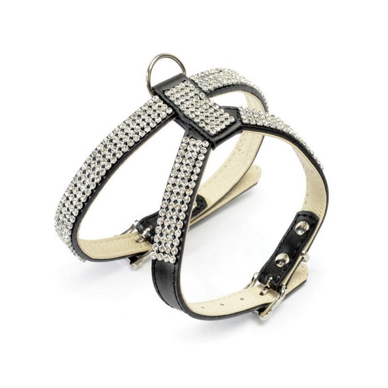 Harnais pour chien en cuir noir avec strass BLING BLING