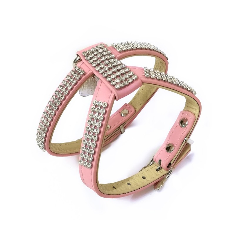 Harnais pour chien en cuir rose avec strass BLING BLING