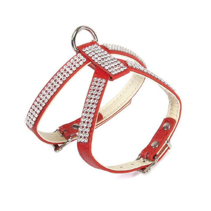 Harnais pour chien en cuir rouge avec strass BLING BLING