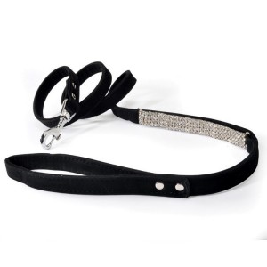 Laisse pour chien en suédine noir avec strass
