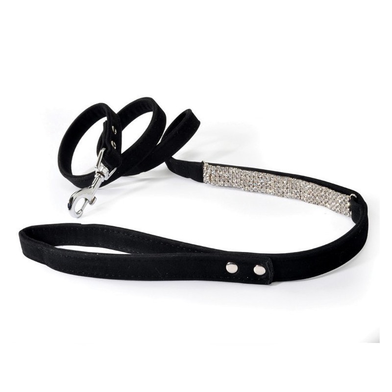 Laisse pour chien en suédine noir avec strass
