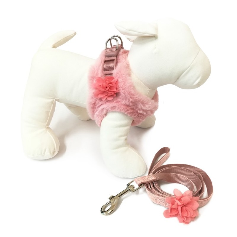 Harnais pour petit chien avec fleur et fourrure rose poudré et laisse assortie