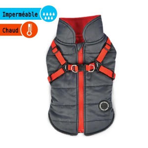 Manteau imperméable pour chien avec harnais intégré | Puppia | Gris