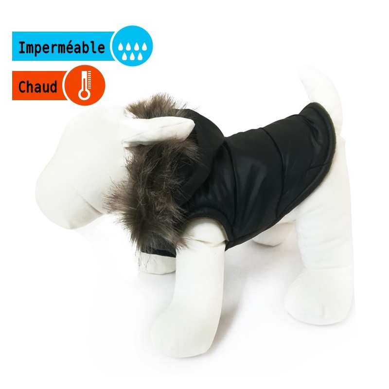Manteau noir pour chien avec capuche en fourrure | Petit chien