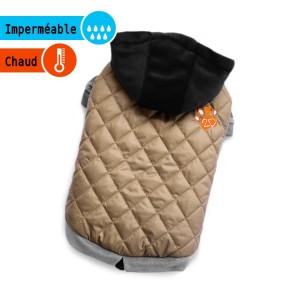 Manteau matelassé beige avec capuche noire polaire | Petit chien