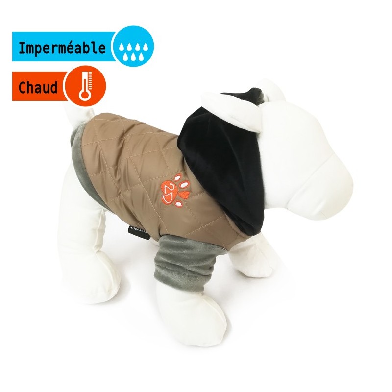 Manteau matelassé beige avec capuche noire polaire | Petit chien