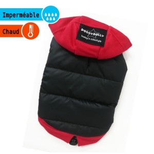 Manteau molletonné noir doublé polaire avec capuche rouge | Petit chien