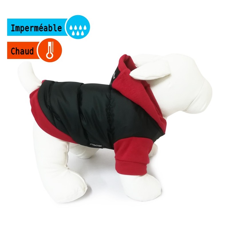 Manteau molletonné noir doublé polaire avec capuche rouge | Petit chien