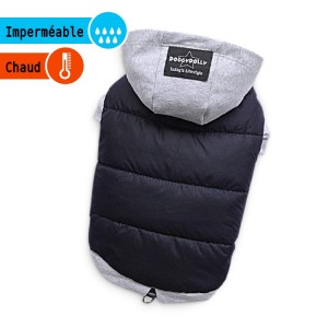 Manteau molletonné noir doublé polaire avec capuche grise | Petit chien