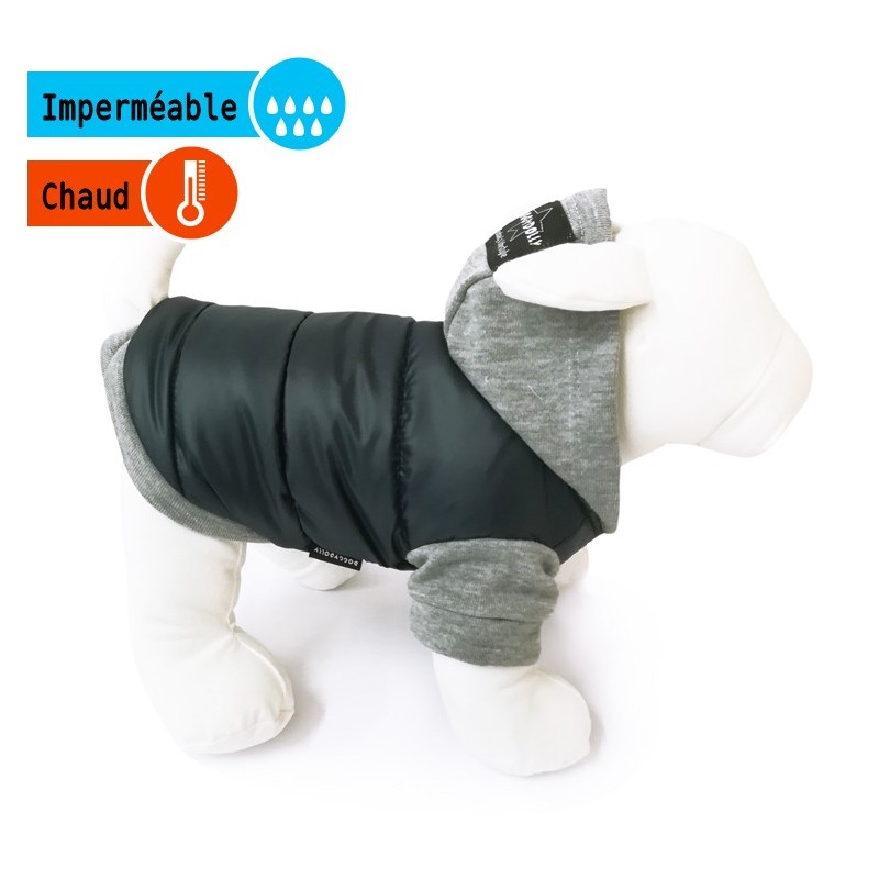 Manteau molletonné noir doublé polaire avec capuche grise | Petit chien