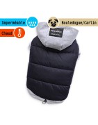 Manteau molletonné doublé polaire noir avec capuche grise | Bouledogue et Carlin