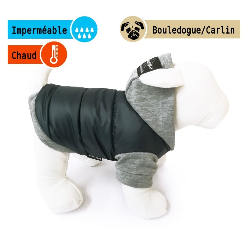 Manteau molletonné doublé polaire noir avec capuche grise | Bouledogue et Carlin