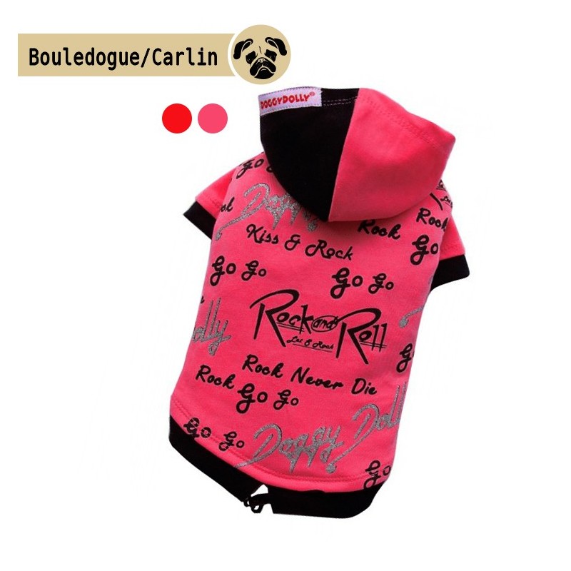Sweat à capuche Rock'n Roll Rose ou rouge | Bouledogue et Carlin