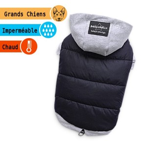 Manteau molletonné noir avec capuche grise | Grands chiens