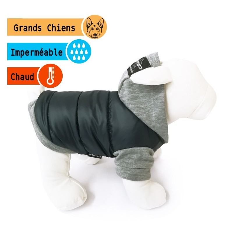 Manteau molletonné noir avec capuche grise | Grands chiens