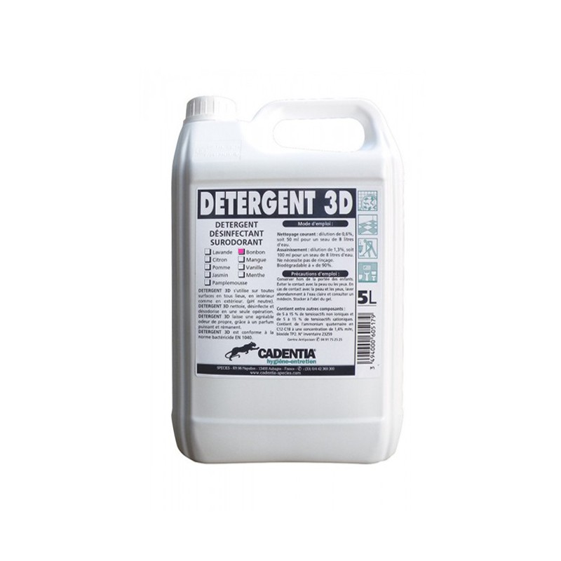 Détergent désinfectant surodorant 3D nettoie, désinfecte et désodorise toutes les surfaces.