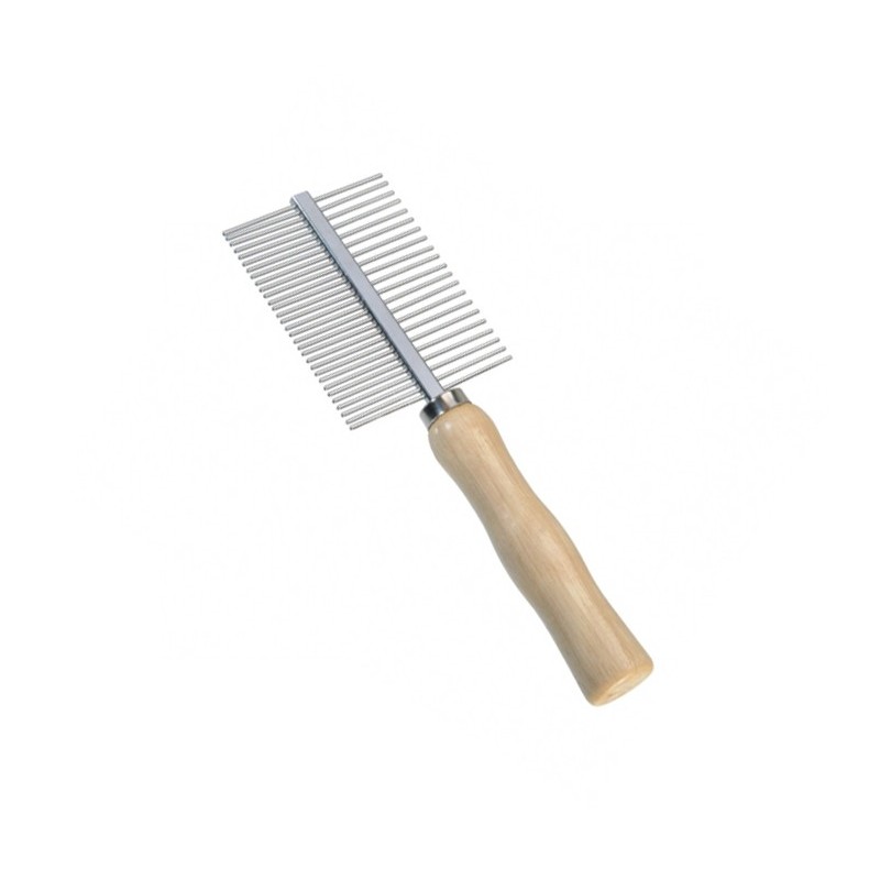 Peigne double avec dents métalliques et manche en bois pour chien et chat