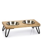 Gamelle pour chat avec support double en bois et acier LINGA