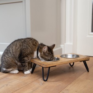 Gamelle pour chat avec support double en bois et acier LINGA
