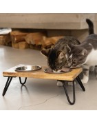 Gamelle pour chat avec support double en bois et acier LINGA