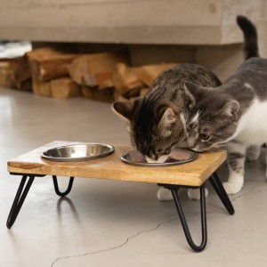 Gamelle pour chat avec support double en bois et acier LINGA